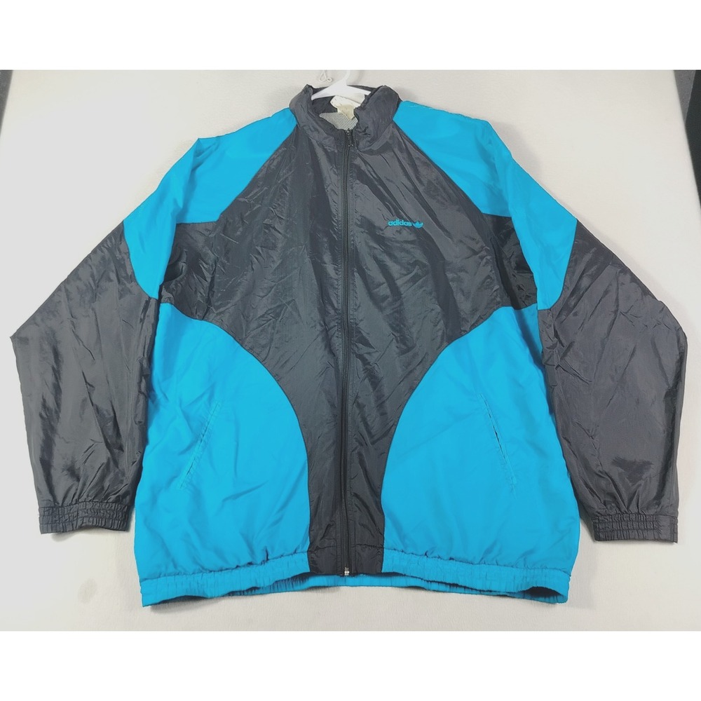 Vintage Adidas Track Jacket Mens XL Blue Black Colorblock Hooded Windbreaker